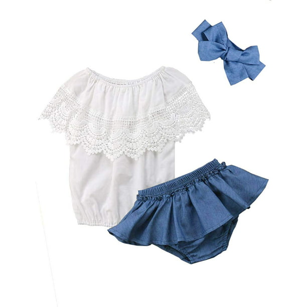 Baby Girl Summer Clothes Off Shoulder Lace Top and Denim Short with Headband Outfits Set 